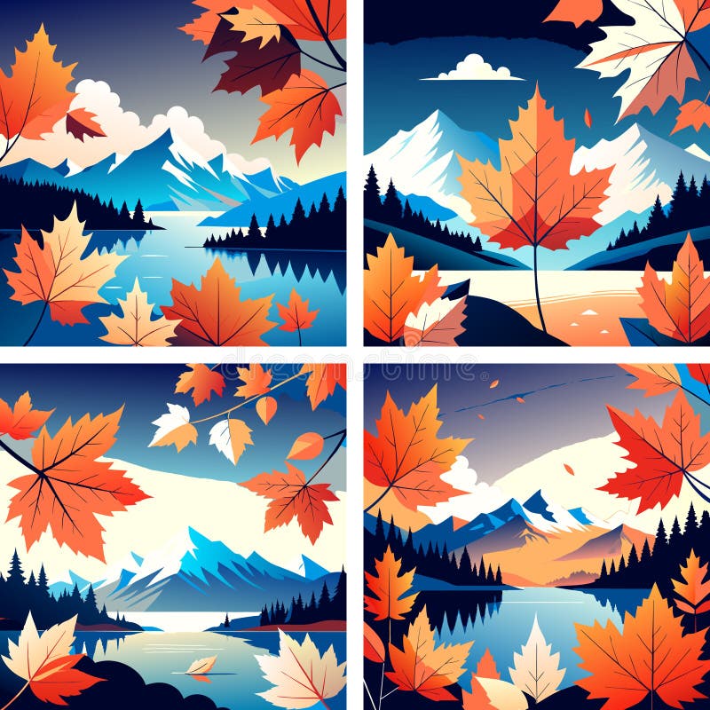 Set de ilustrații color pe tema toamnei cu frunze și munți royalty free illustration