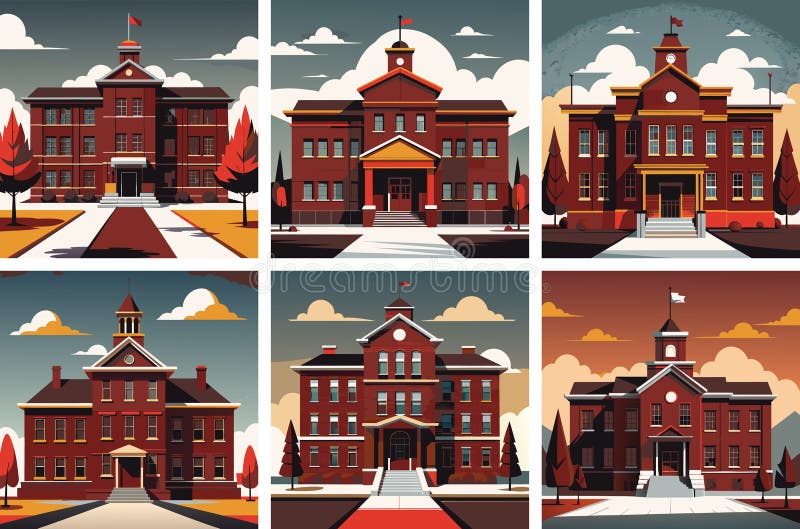 Set de ilustrații color pe tema toamnei cu o clădire școlară stock illustration