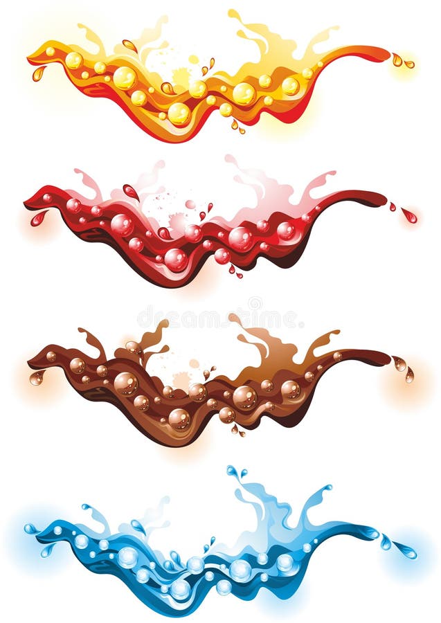 Set of color splashes. Juice, vine, coffee and water.