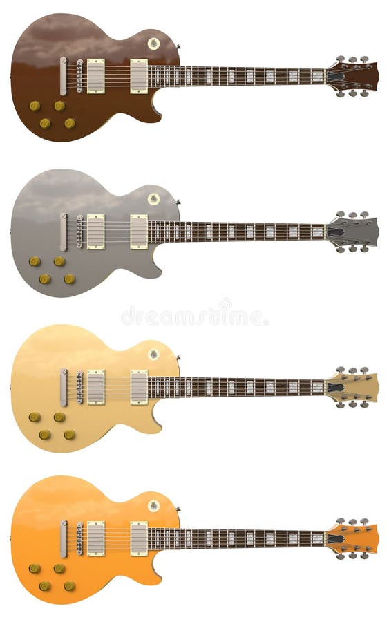 Set of 4 Color Stylish Electric Guitars on White Background. 3d