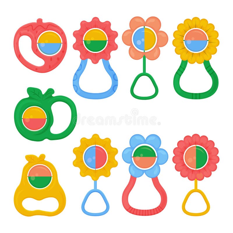 A set of colored baby rattles of various shapes. A large collection of teether rattles. Children s accessories vector stock illustration