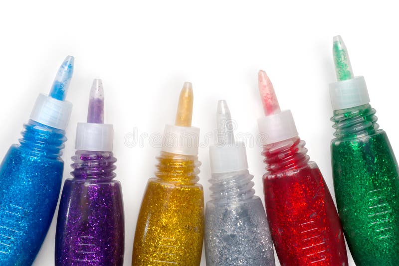 Set of Colored Glitter Glue Tubes on White with Path Stock Photo