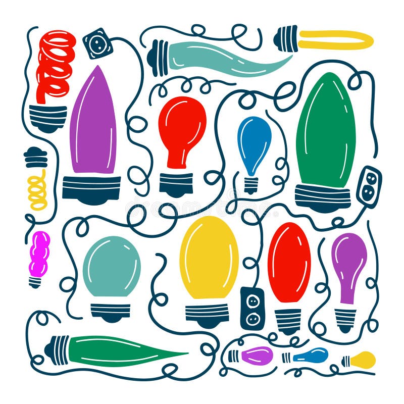 Set of colored light bulbs. hand drawing. Not AI. Vector illustration royalty free illustration
