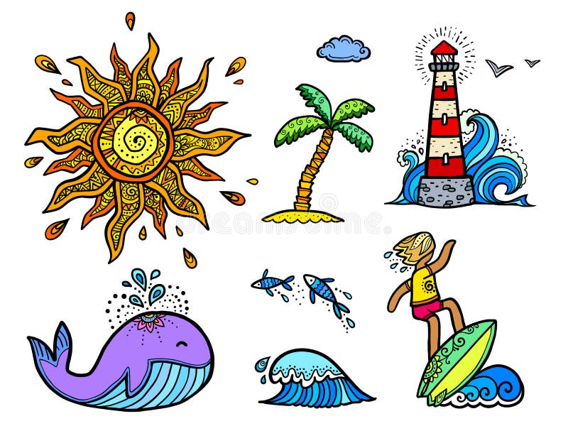 Set of colored lineart sticker elements. Boho style sun, surfer with board on wave, violet whale, doodle style vector illustration Set of colored lineart sticker elements. Boho style sun, surfer with board on wave, violet whale, doodle style vector illustration