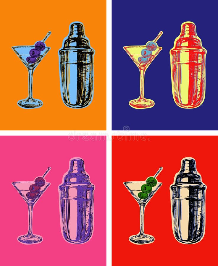 Set of Colored Martini Cocktails with Olives Shaker Vector Illustration