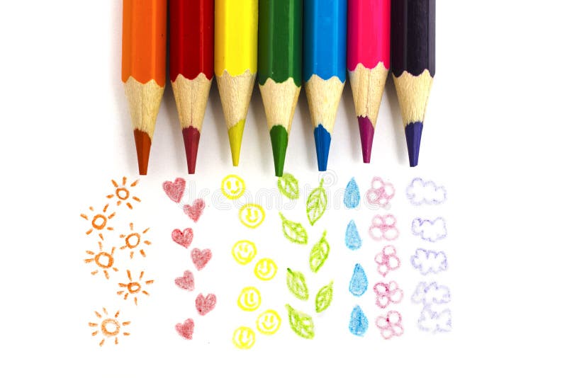 Set of Colored Pencils with Doodles Isolated on White Stock Photo
