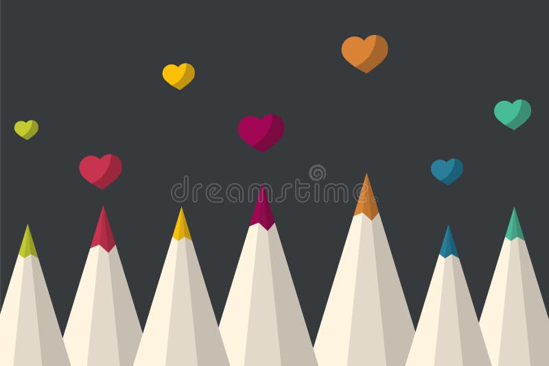 Set of Colored Pencils with Valentine Hearts. Stock Vector