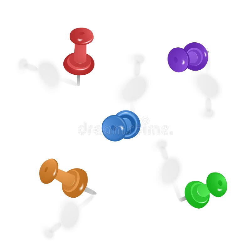 Set of colored push pins in different angles isolated on white background. Vector EPS10 illustration stock illustration