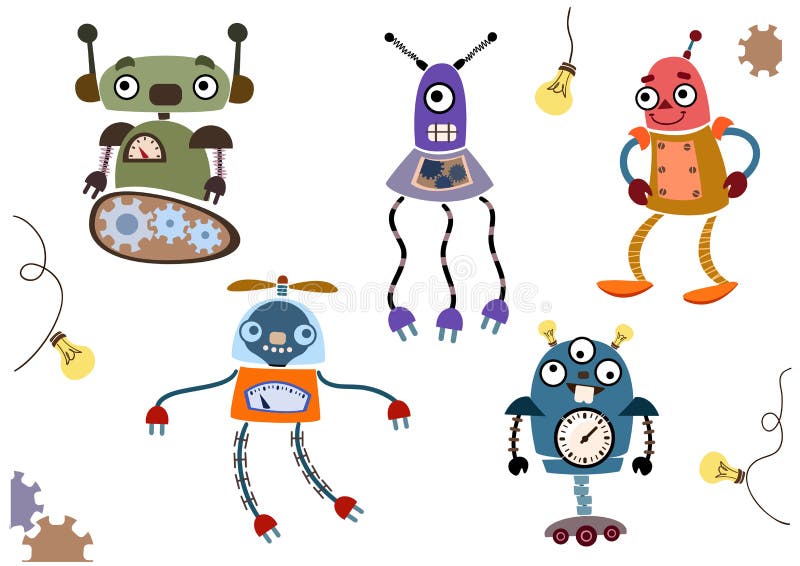 Set of colored robots. Aliens cartoons, funny. vector illustration. colorful good robots, lovely.