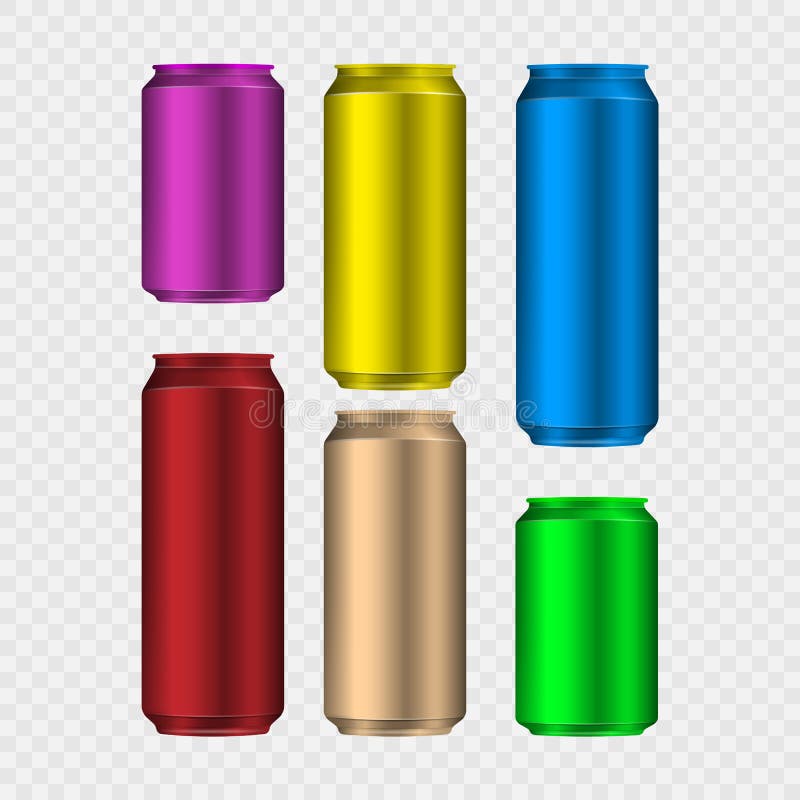 Set of colorful aliminum drink cans isolated on transparent background. Vector illustration. Eps 10.