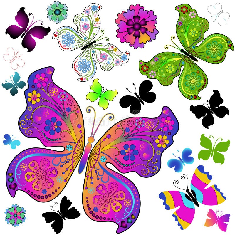 Set colorful and black butterflies