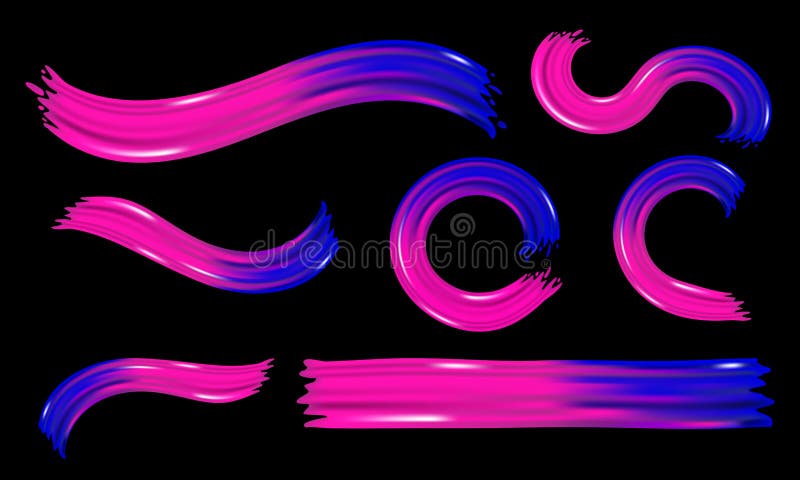 Set of colorful brush strokes on black background. Modern flow, wave Liquid shape pink and dark blue color. Dynamic elements