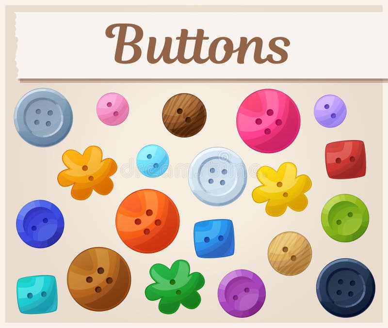 Set of colorful buttons vector illustration. Cartoon button icons for sewing collection. Various circle square flower stock illustration