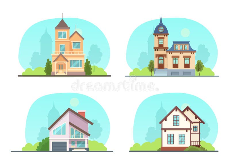 Set Colorful Country Town Houses with Roof, Suburban Cottages, Guest House,  Mansion, Townhouse, House Brick, Buildings. Facade Stock Vector -  Illustration of cottage, cartoon: 198330864
