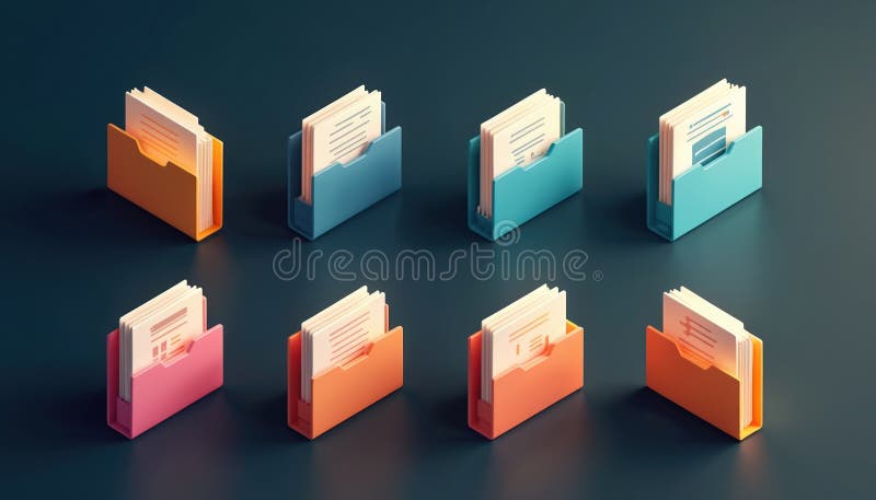 Set of colorful 3d folders with documents inside. Isometric illustration of file management, data storage. Business concept for royalty free illustration