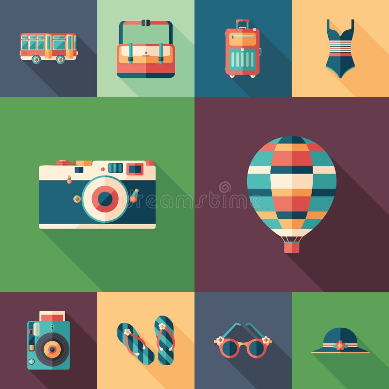 Summer trip set of flat square icons with long shadows. stock illustration Summer trip set of flat square icons with long shadows. stock illustration