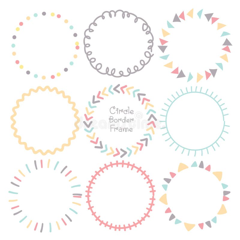 Set of colorful doodle borders circle frame, Decorative round frames. stock illustration