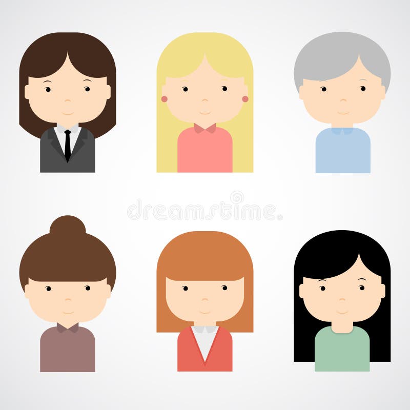 Set of colorful female faces icons. Trendy flat style. Funny cartoon characters.