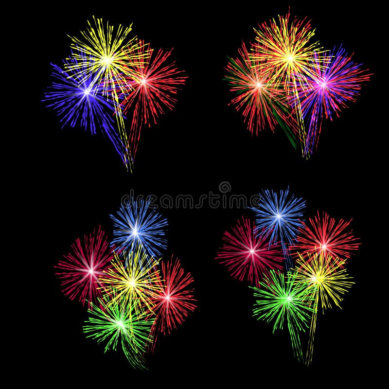 A set of colorful fireworks in honor of the holiday on a black background. illustration. vector illustration