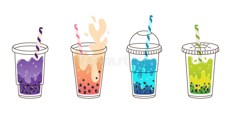 Set of four colorful bubble tea cups. Variety of flavours. Cute vector  illustration of boba tea, sweet Asian drink, in cartoon style with speech  bubble above. Flat design. Stock Vector