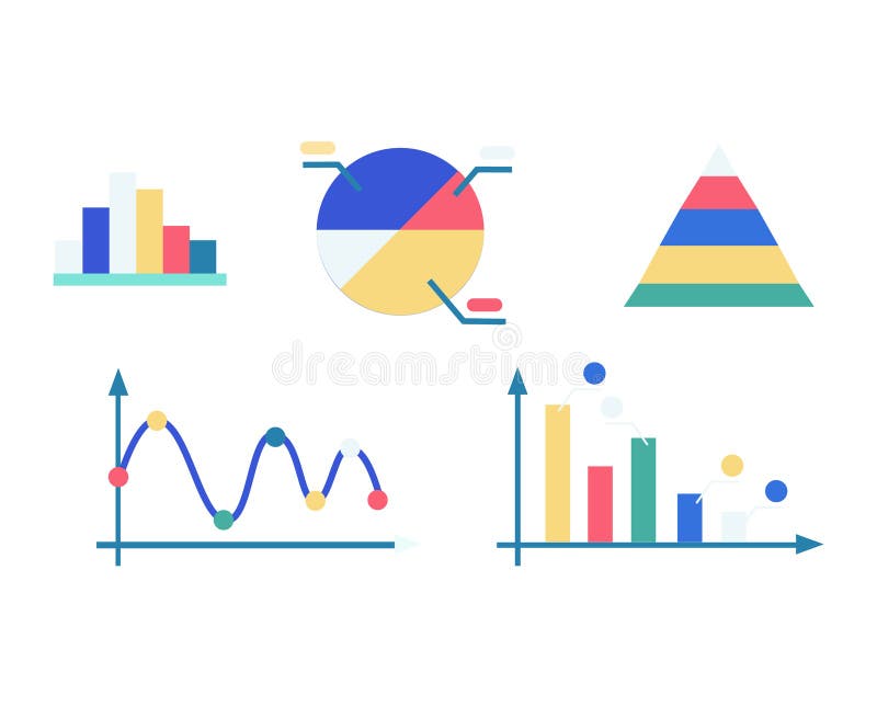Set of colorful infographic elements including bar graph, pie chart, line graph, and pyramid chart. Simple data stock illustration