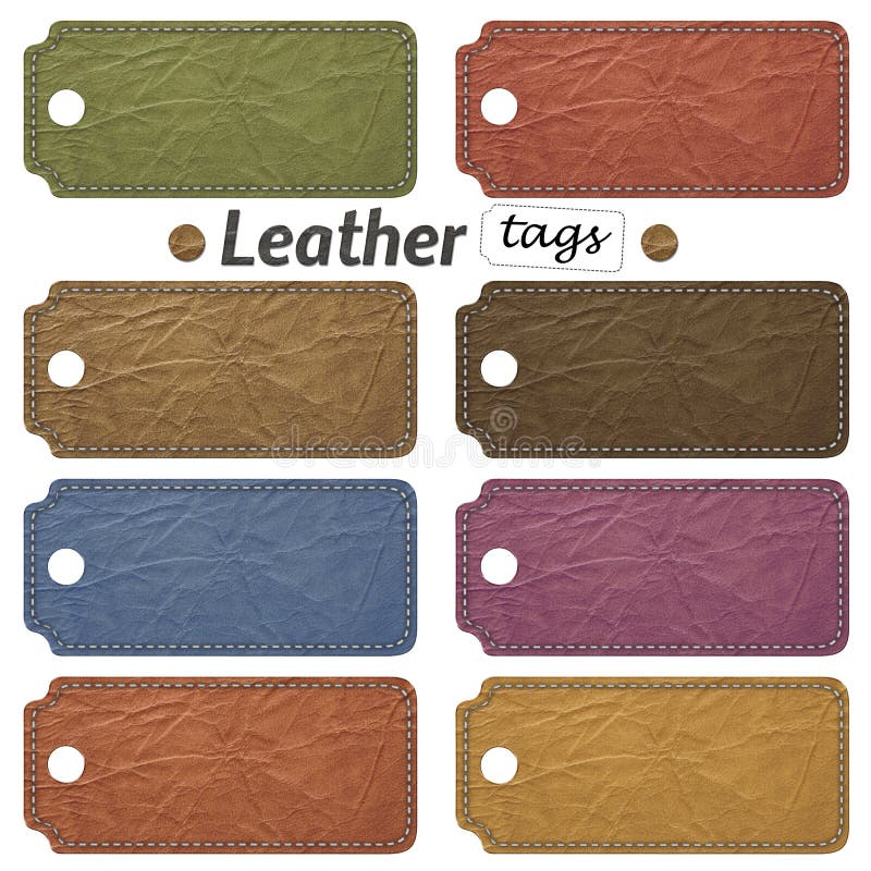 Set of colorful leather labels. Isolated on white background