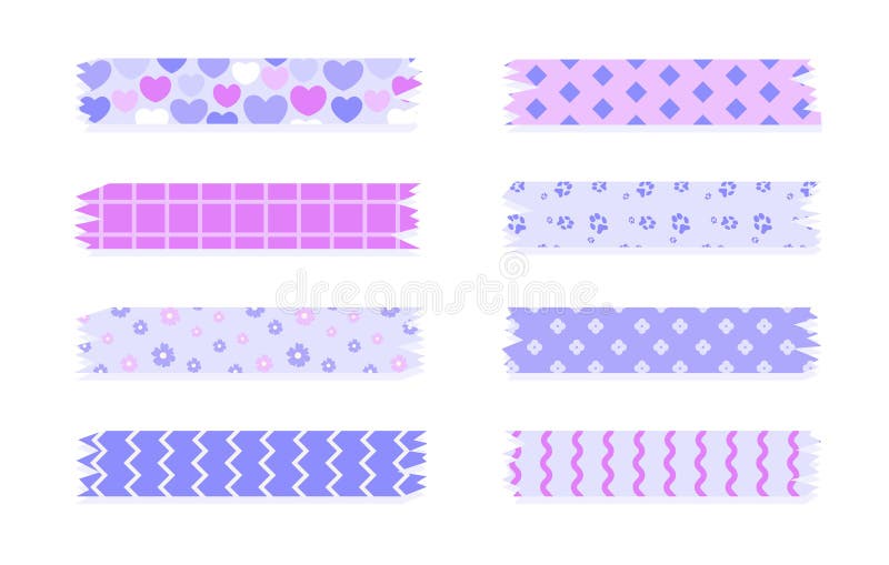 Set of Colorful Patterned Washi Tape Strips. Cute Decorative Scotch