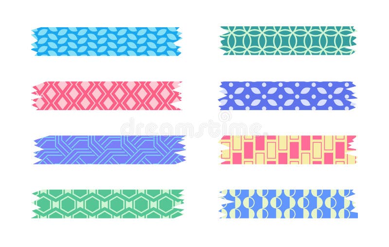 Set of Colorful Patterned Washi Tape Strips. Cute Decorative Scotch