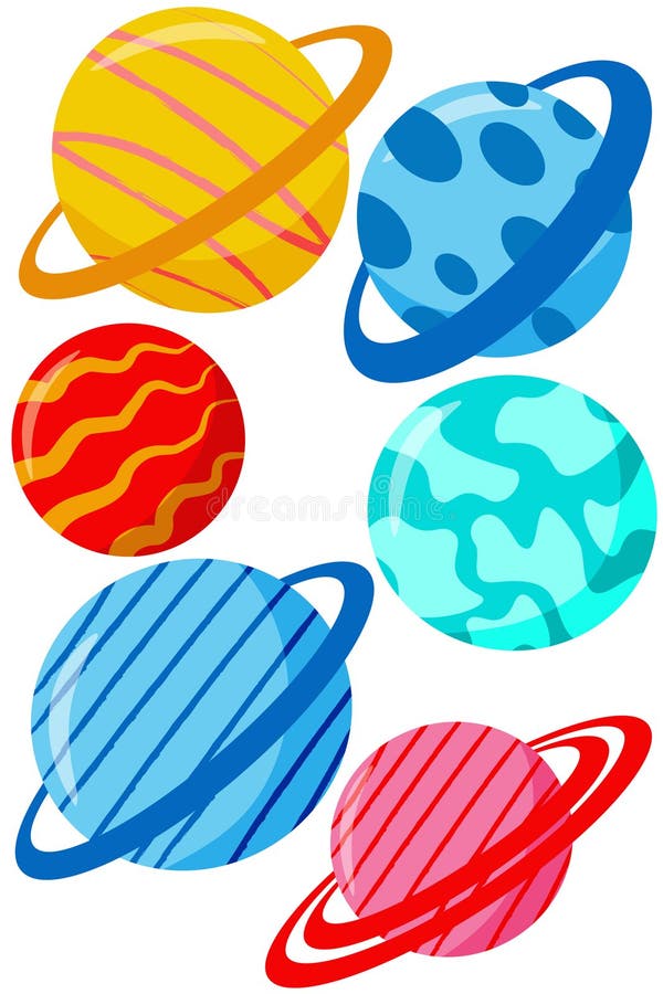 Set of colorful planets isolated on white background. Watercolor