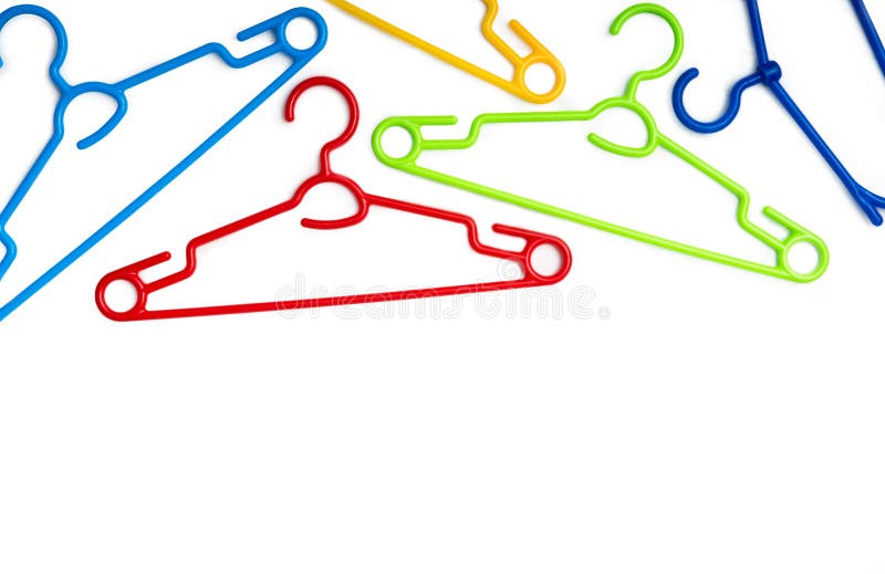 Collection Of Colorful Plastic Hangers On White Stock Photo