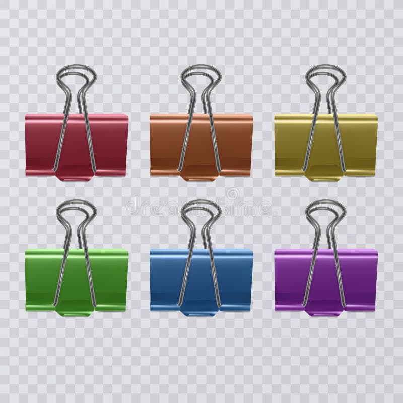 Set of colorful, realistic document clips isolated on white background stock illustration