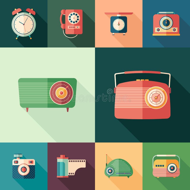 Set of colorful retro flat square icons with long shadows. stock illustration Set of colorful retro flat square icons with long shadows. stock illustration