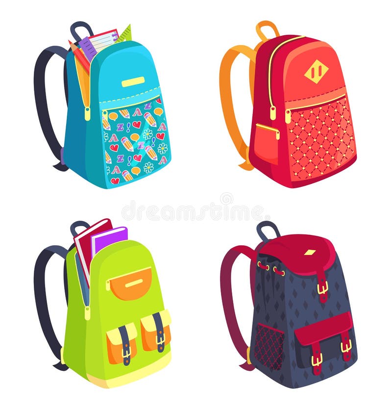 School Backpack Set Vector. Education Object. Kids Equipment. Colorful ...