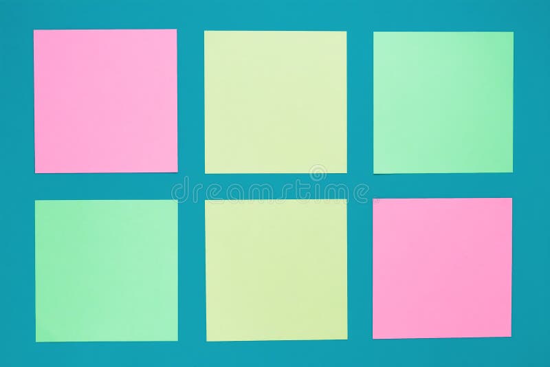 Set of colorful sticky notes on turquoise background. Multicolored stickers with copy spaces on blue board. Blank stickers, blank royalty free stock photo Set of colorful sticky notes on turquoise background. Multicolored stickers with copy spaces on blue board. Blank stickers, blank royalty free stock photo