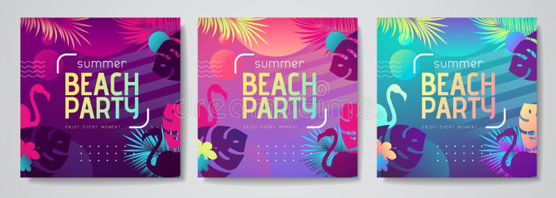 Set of colorful summer tropical gradient backgrounds with fluorescent tropic leaves. Summer disco beach party poster.