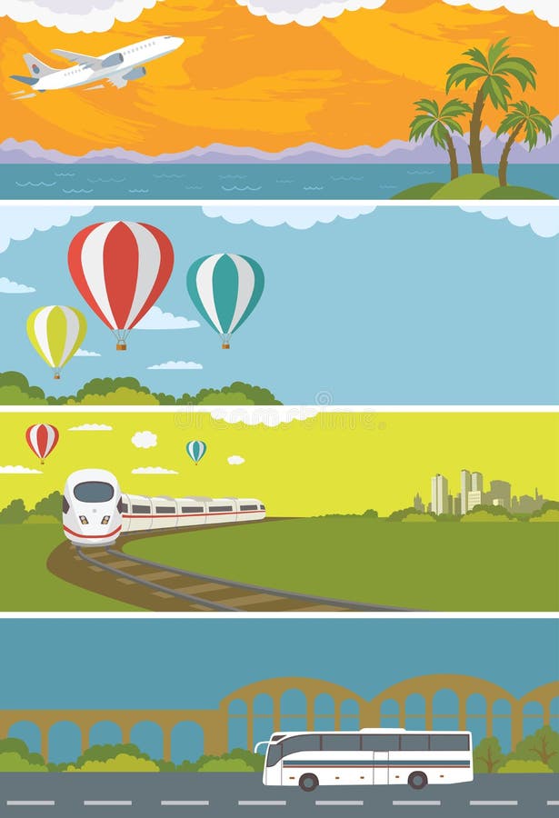 Airplane and Train, Bus and Hot Air Balloon. Transportation. Airplane and Train, Bus and Hot Air Balloon. Transportation.