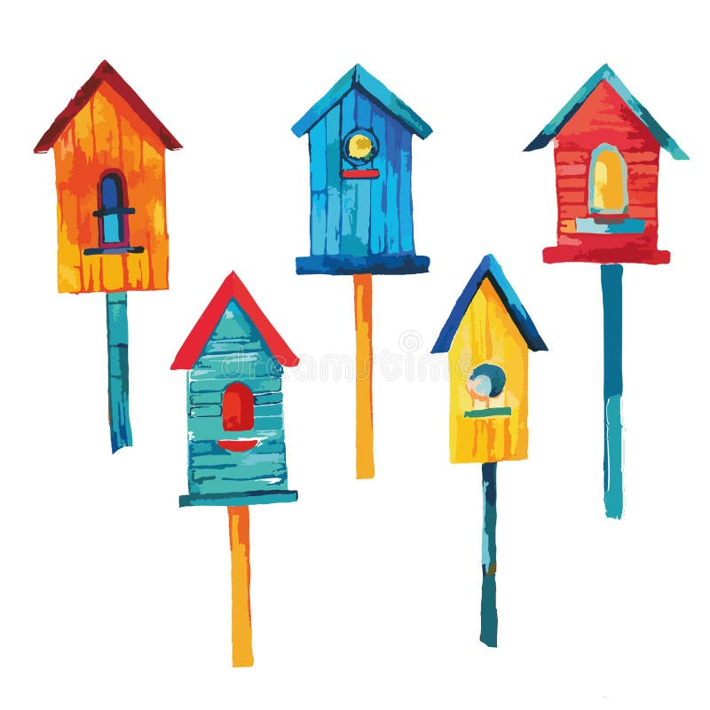 Set of colorful waterclor birdhoues. Isolated.Hand drawn illustration