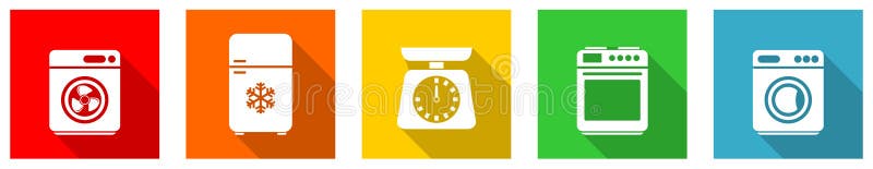 Set of colorful web flat design home appliances vector icons, electrical equipment concept buttons for webdesign and mobile stock illustration