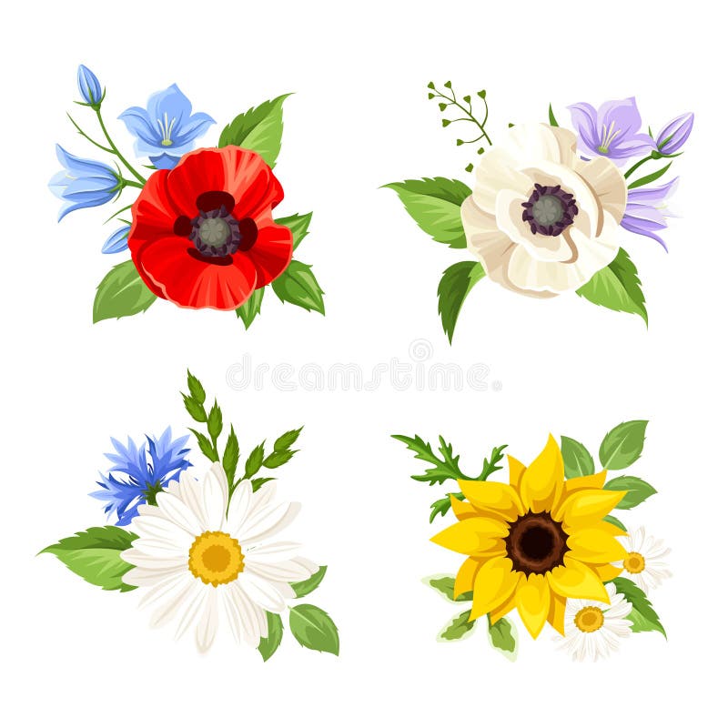 Set of colorful wild flowers. Vector illustration.