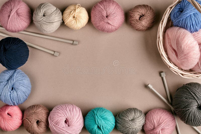 Set of Colorful Wool Yarn on Beige Background. Top View. Frame of Tangles  of Knitting Threads Stock Image - Image of double, fabric: 111585785