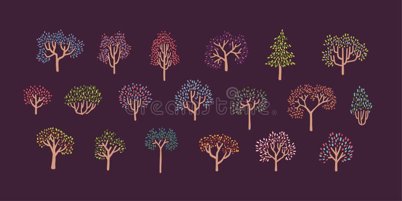 Set of Colorfull Autumn Trees in Simple Pointillism Style - Part 02. Vector Illustration. On Violet Background royalty free illustration Set of Colorfull Autumn Trees in Simple Pointillism Style - Part 02. Vector Illustration. On Violet Background royalty free illustration