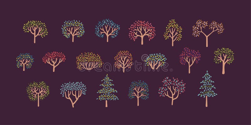 Set of Colorfull Autumn Trees in Simple Pointillism Style - Part 01. Vector Illustration. On Violet Background royalty free illustration Set of Colorfull Autumn Trees in Simple Pointillism Style - Part 01. Vector Illustration. On Violet Background royalty free illustration