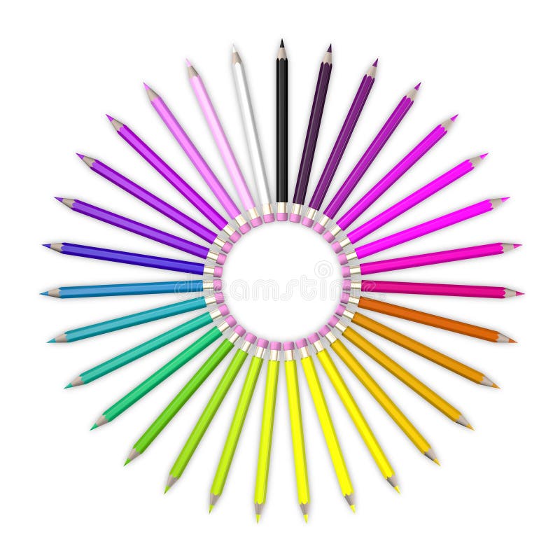 Set of coloured pencil. Pencils are aligned in a circle shaped and sorted stock illustration