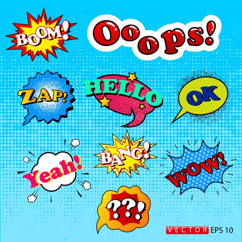 Set Of Comic Text Pop Art Style Stickers In Different Formats And Colors Stock Illustration