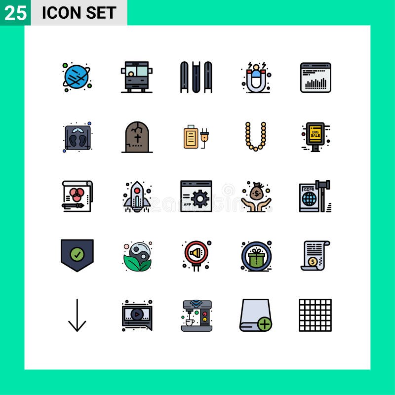 Set of 25 Commercial Filled line Flat Colors pack for diagnostic, analytics, education, chart, acquisition stock illustration