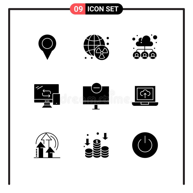 Set of 9 Commercial Solid Glyphs pack for computers, networking, cloud, mobile, user vector illustration