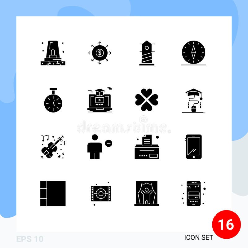 User Interface Pack of 16 Basic Solid Glyphs of time, travel, beach, navigation, compass royalty free illustration