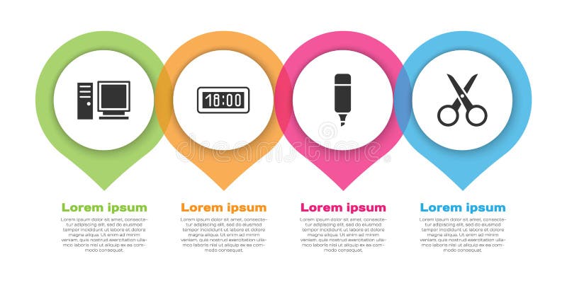 Set Computer monitor, Digital alarm clock, Marker pen and Scissors. Business infographic template. Vector royalty free illustration
