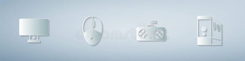 Set Computer monitor, mouse, Game controller joystick and Case of computer. Paper art style. Vector stock illustration