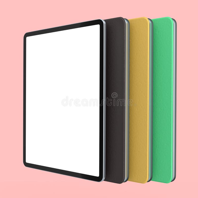 Set of Computer Tablets with Cover Case and Blank Screen Isolated on